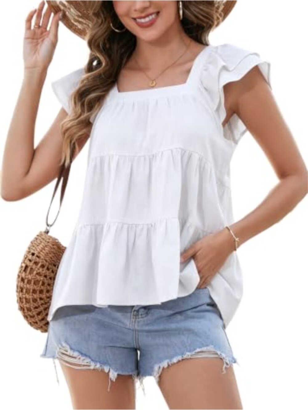 Women's Babydoll Peplum Tank Top Ruffle Sleeve Square Neck Flowy Summer Blouse